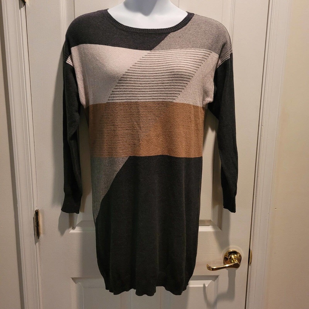PrAna Anka Organic Sweater Dress Cotton Wool Knit Gray Tan Dark. Size M